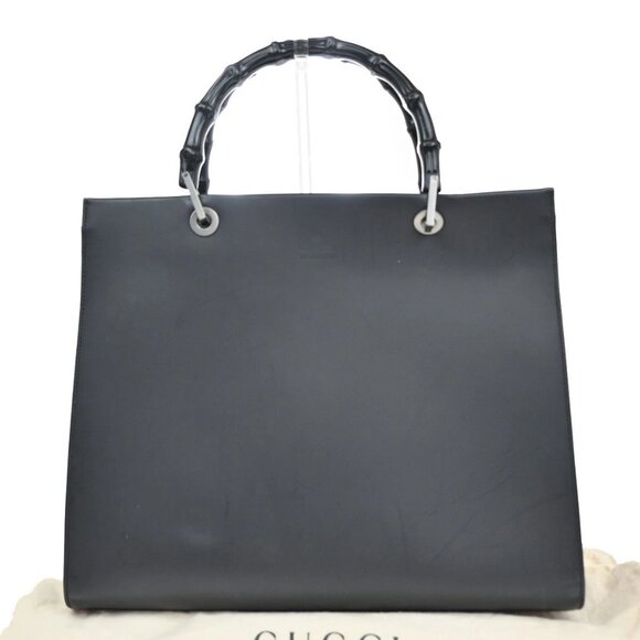 Gucci Handbags - GUCCI Logo Bamboo Hand Bag Tote Bag Leather Black Silver Italy 30KA704